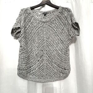 Express Gray Knit Crochet Short‎ Sleeve V-Neck Top Pullover Sweater XS